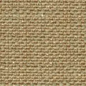Beige jute textile sample with horizontal weave, interspersed with pale green circular elements, creating a dense, matte texture.